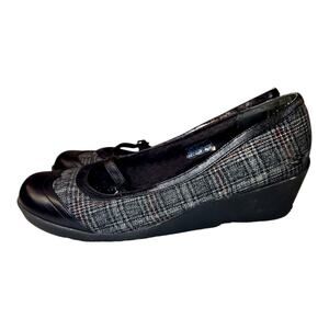 Skechers Women's Mary Jane Wedge Slip-On Shoes Black Leather Plaid Canvas US 8